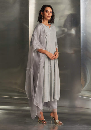 Gray Steel Chanderi Kurta Set by Charkhee, available on Indiaspopup.com