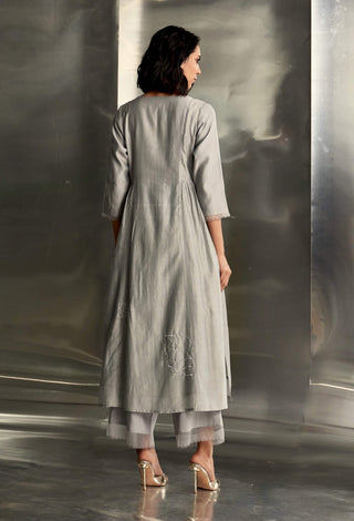 Gray Steel Chanderi Kurta Set by Charkhee, available on Indiaspopup.com