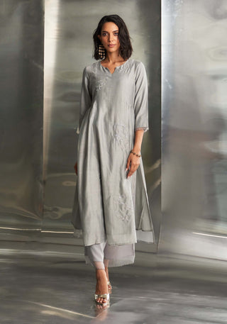 Gray Steel Chanderi Kurta Set by Charkhee, available on Indiaspopup.com