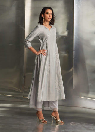 Gray Steel Chanderi Kurta Set by Charkhee, available on Indiaspopup.com