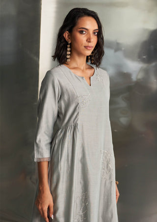 Gray Steel Chanderi Kurta Set by Charkhee, available on Indiaspopup.com