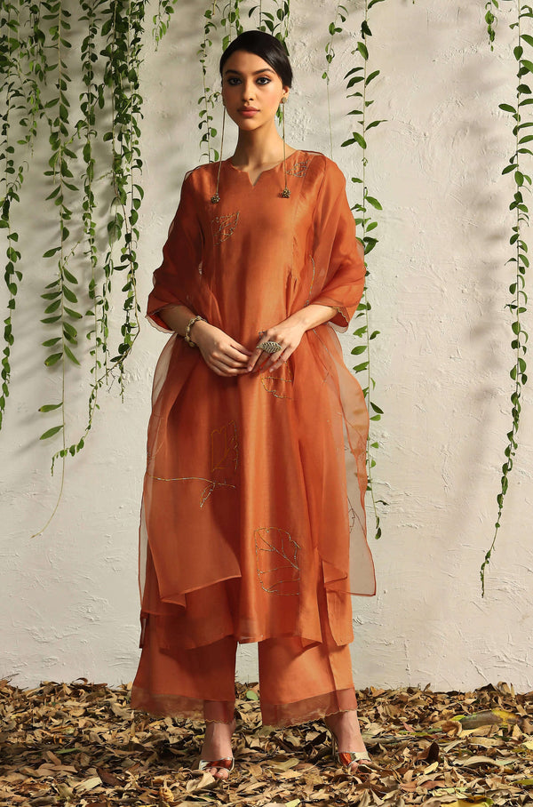 Charkhee-Spice Orange Chanderi Kurta Set-INDIASPOPUP.COM