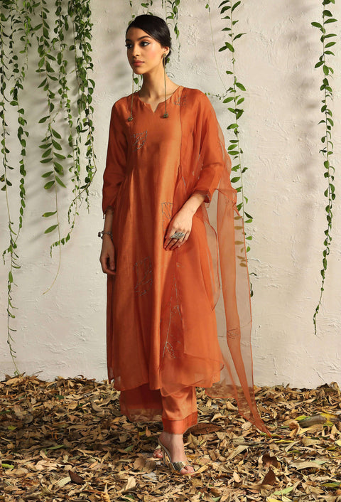 Charkhee-Spice Orange Chanderi Kurta Set-INDIASPOPUP.COM
