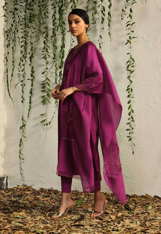 Charkhee-Pink Leaf Motif Kurta Set-INDIASPOPUP.COM