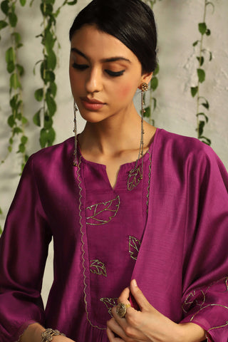 Charkhee-Pink Leaf Motif Kurta Set-INDIASPOPUP.COM