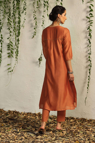 Charkhee-Spice Orange Leaf Motif Kurta Set-INDIASPOPUP.COM