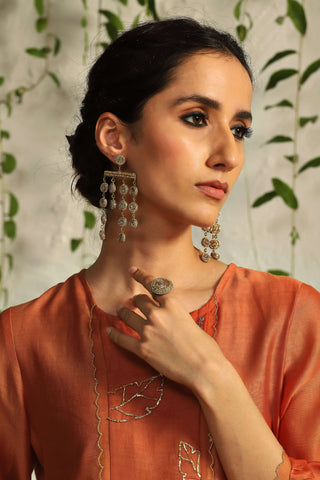 Charkhee-Spice Orange Leaf Motif Kurta Set-INDIASPOPUP.COM