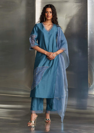 Steel Blue Chanderi Kurta Set by Charkhee, available on Indiaspopup.com