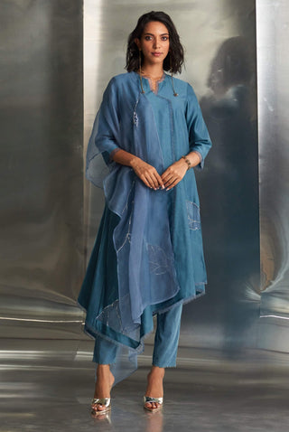 Blue Steel Chanderi Asymmetrical Kurta Set by Charkhee, available on Indiaspopup.com