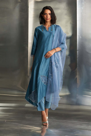 Blue Steel Chanderi Asymmetrical Kurta Set by Charkhee, available on Indiaspopup.com