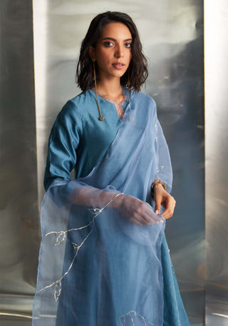 Blue Steel Chanderi Asymmetrical Kurta Set by Charkhee, available on Indiaspopup.com