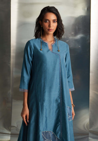 Blue Steel Chanderi Asymmetrical Kurta Set by Charkhee, available on Indiaspopup.com