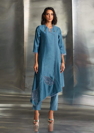 Blue Steel Chanderi Asymmetrical Kurta Set by Charkhee, available on Indiaspopup.com