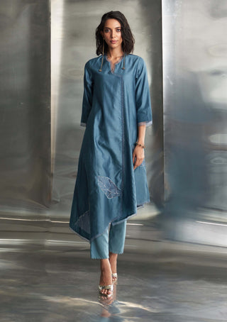 Blue Steel Chanderi Asymmetrical Kurta Set by Charkhee, available on Indiaspopup.com