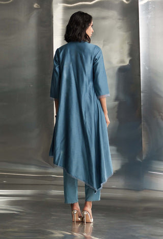 Blue Steel Chanderi Asymmetrical Kurta Set by Charkhee, available on Indiaspopup.com