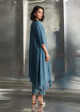 Blue Steel Chanderi Asymmetrical Kurta Set by Charkhee, available on Indiaspopup.com