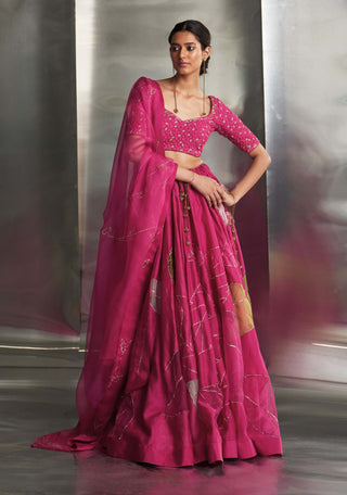 Pop Pink Embroidered Lehenga Set by Charkhee, available on Indiaspopup.com