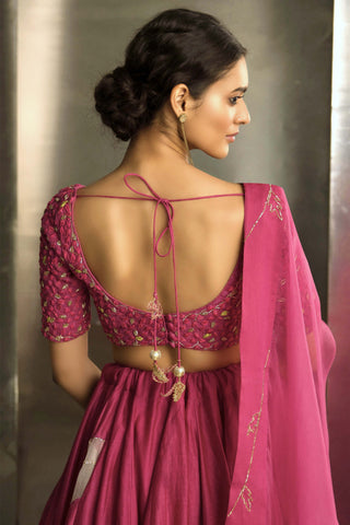 Pop Pink Embroidered Lehenga Set by Charkhee, available on Indiaspopup.com