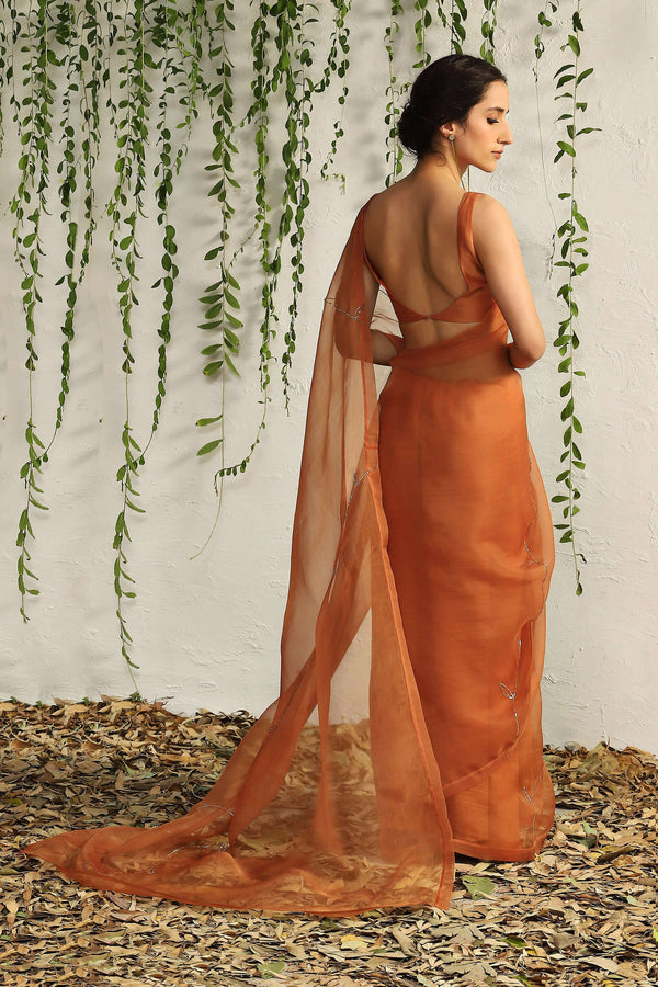 Charkhee-Spice Orange Sari And Blouse-INDIASPOPUP.COM