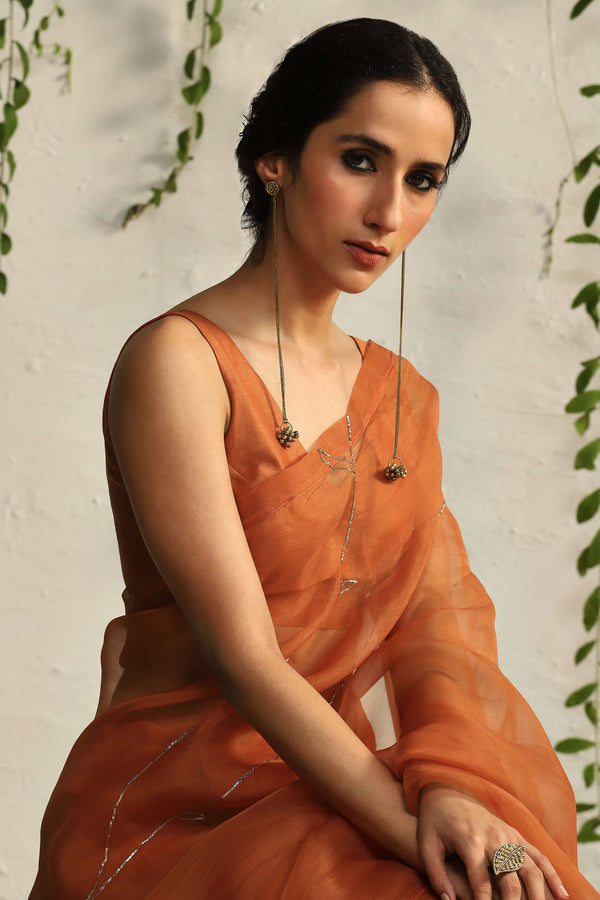 Charkhee-Spice Orange Sari And Blouse-INDIASPOPUP.COM