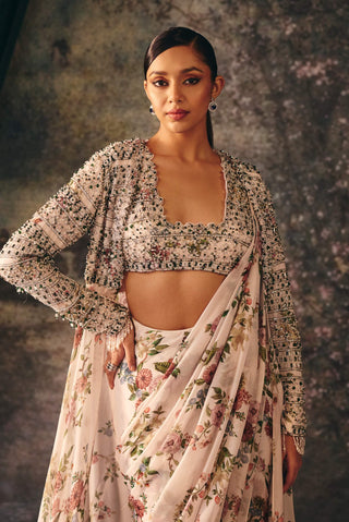 Elysia ivory and thyme printed sari with blouse