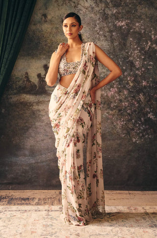 Elysia ivory and thyme printed sari with blouse