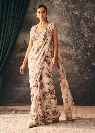 Elysia ivory and thyme printed sari with blouse