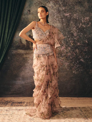 Lumi dusty rose pink printed sari set