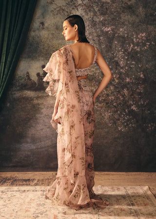 Lumi dusty rose pink printed sari set