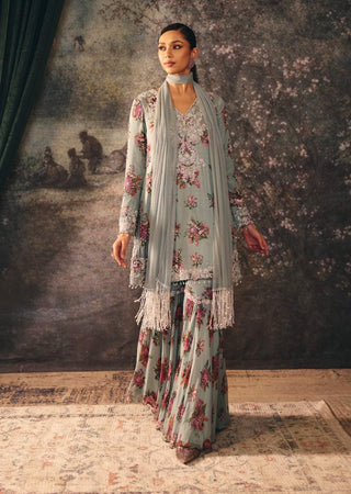 Victoria baby blue printed kurta and sharara set