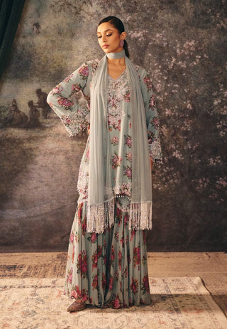 Victoria baby blue printed kurta and sharara set