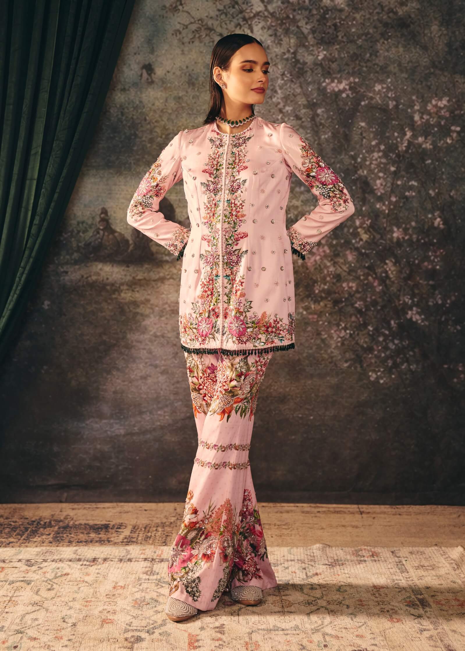 Silvara primrose pink printed jacket and palazzo set