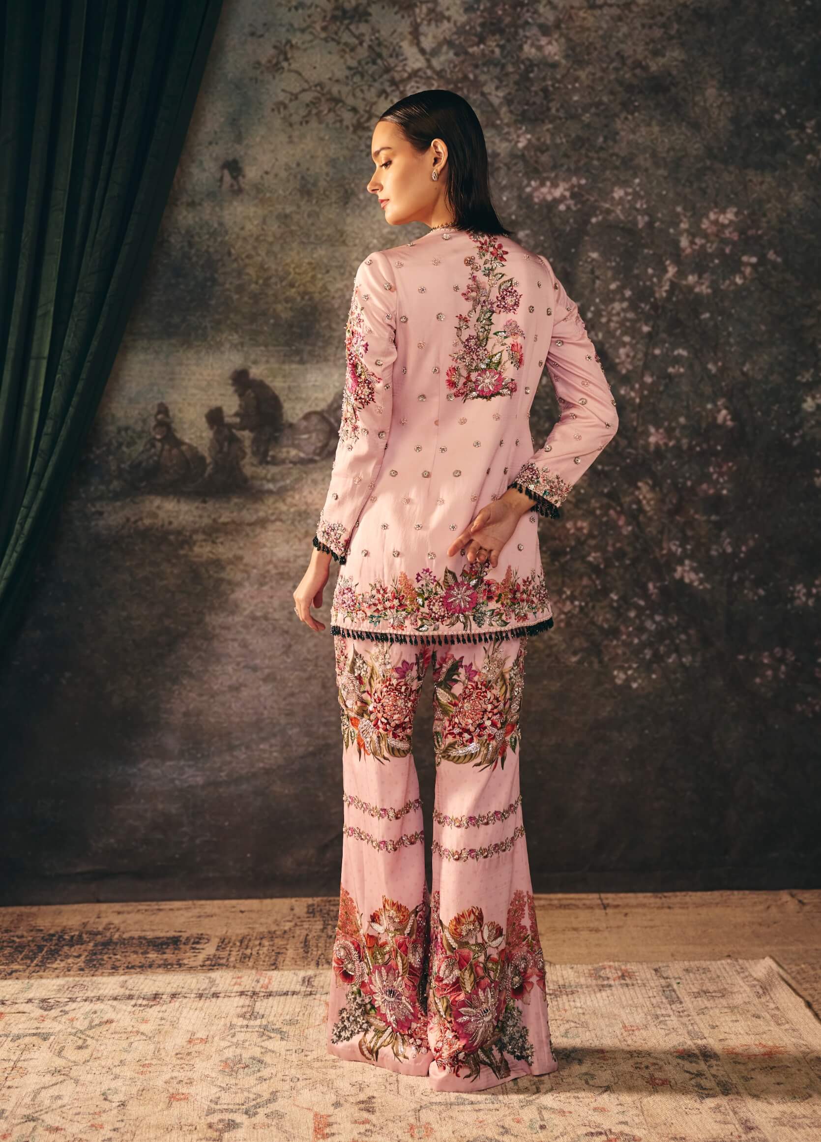 Silvara primrose pink printed jacket and palazzo set