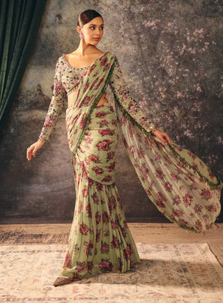 Marbelle pistachio printed blouse and drape sari