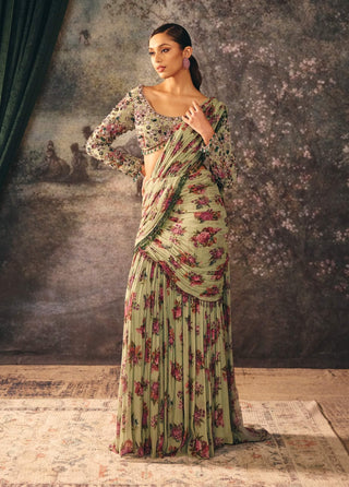 Marbelle pistachio printed blouse and drape sari