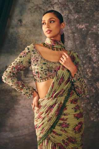 Marbelle pistachio printed blouse and drape sari