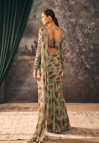 Marbelle pistachio printed blouse and drape sari