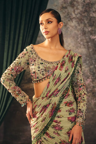 Marbelle pistachio printed blouse and drape sari