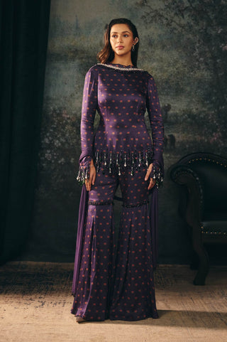 Zaria plum printed kurta and gharara set