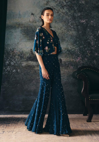 Elysia teal printed cape, blouse and gharara