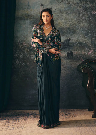 Veloria embroidered dark green jacket and drape skirt