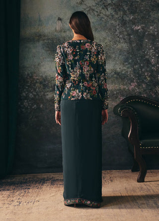 Veloria embroidered dark green jacket and drape skirt