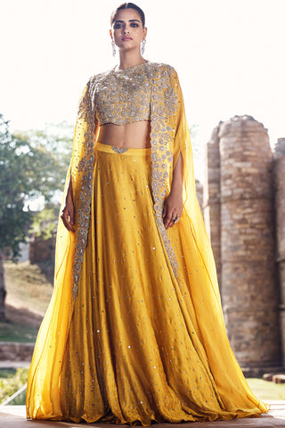 Turmeric Iconic Winged Cape And Skirt Set by Matsya available on Indiaspopup.com