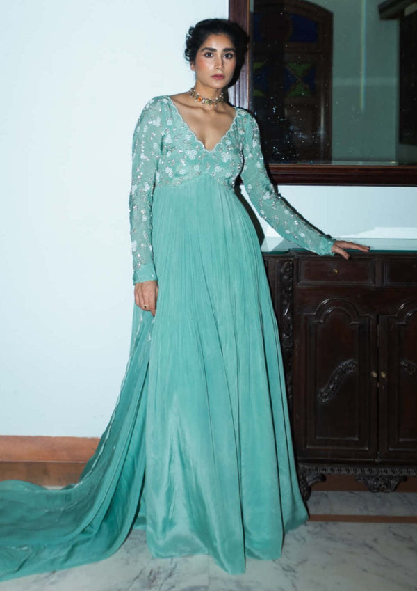 Mint Green Tissue Embroidered Anarkali With Dupatta main image 0