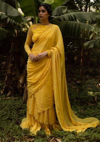 Ease-Yellow Draped Gharara Sari And Blouse-INDIASPOPUP.COM