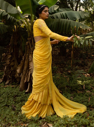 Ease-Yellow Draped Gharara Sari And Blouse-INDIASPOPUP.COM