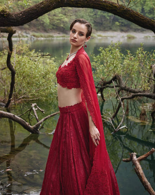 Scarlet red geometric lehenga set