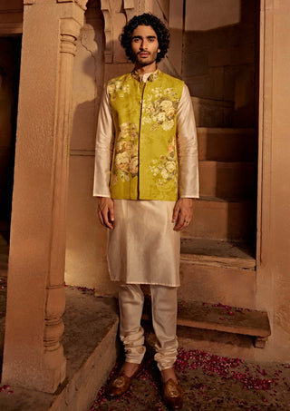 Yavi Yellow Bundi And Kurta Set by Kalista Men, available on Indiaspopup.com