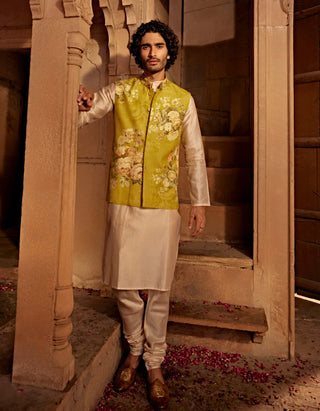 Yavi Yellow Bundi And Kurta Set by Kalista Men, available on Indiaspopup.com