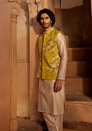 Yavi Yellow Bundi And Kurta Set by Kalista Men, available on Indiaspopup.com